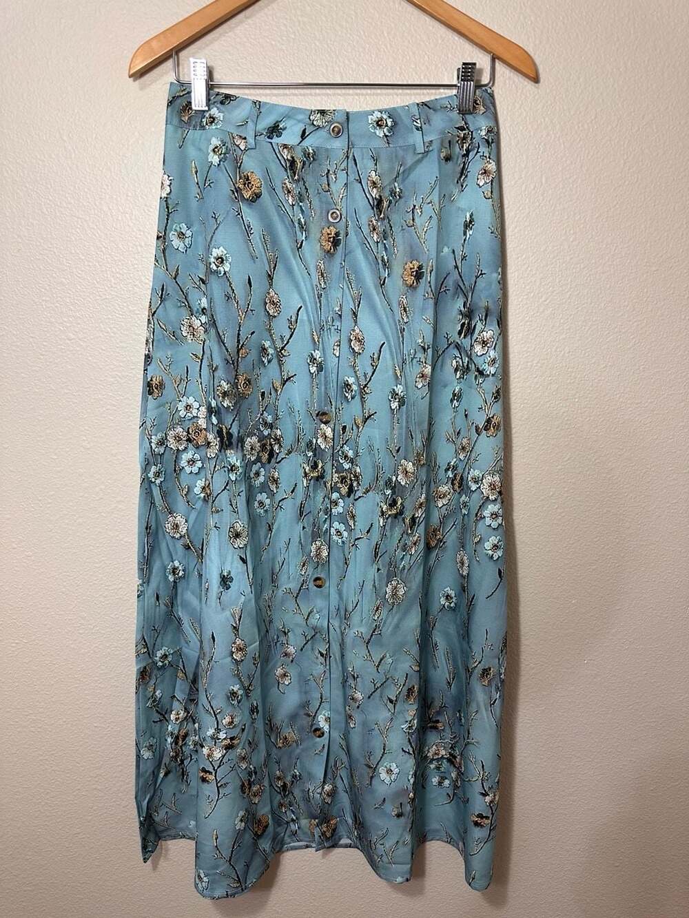 Made With Heart Blue Floral Print Button-Down Midi Skirt